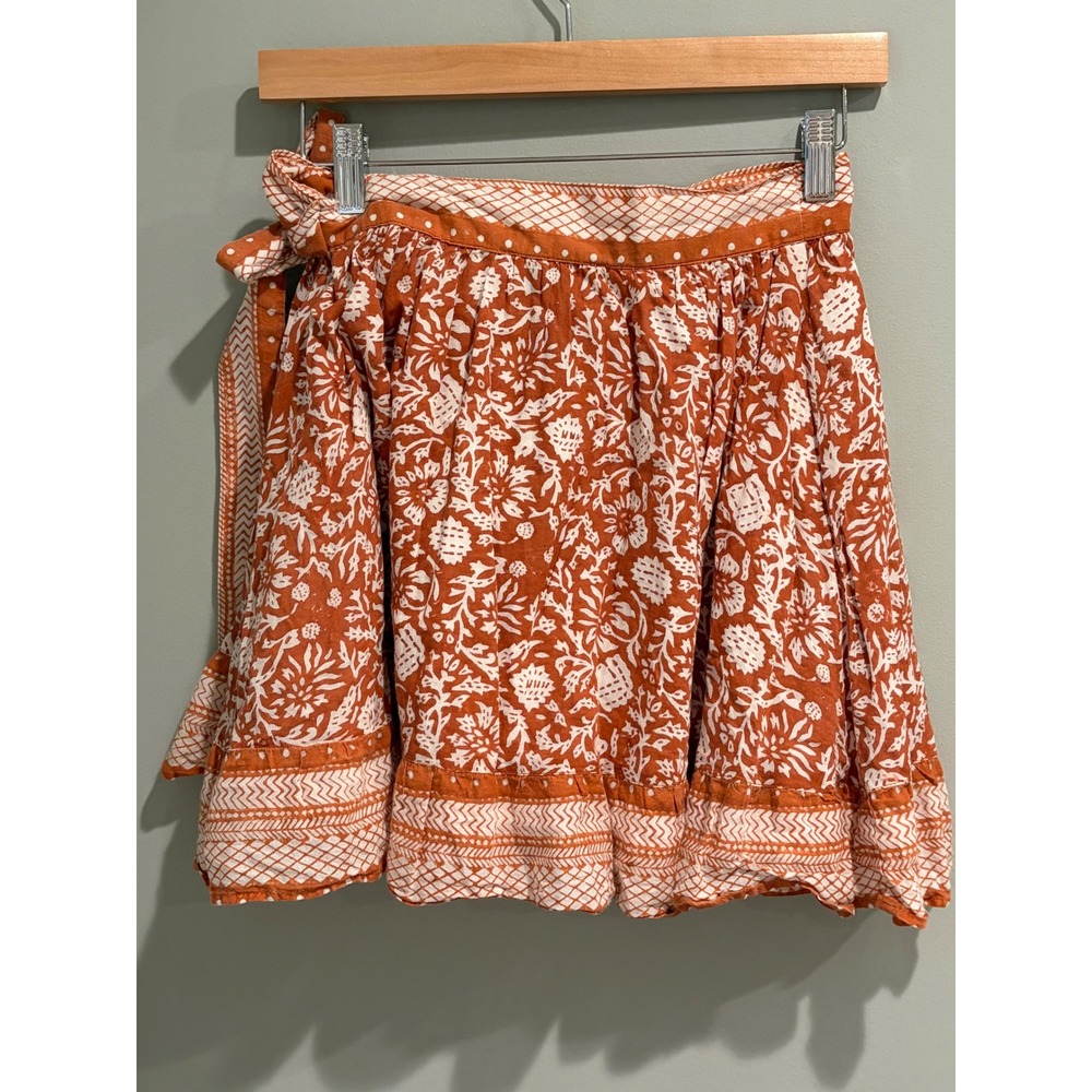 Cleobella Rust Orange Floral Block Print Organic Cotton Wrap Mini Skirt XS - Picture 3 of 6
